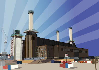Battersea Power Station Art deco illustration with sunburst.