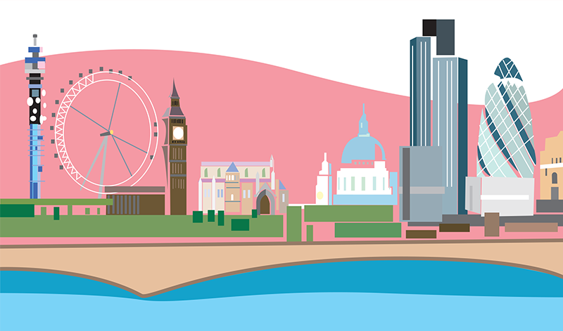 Niamh & Kevin's London Skyline Illustration Day view for the daytime reception.