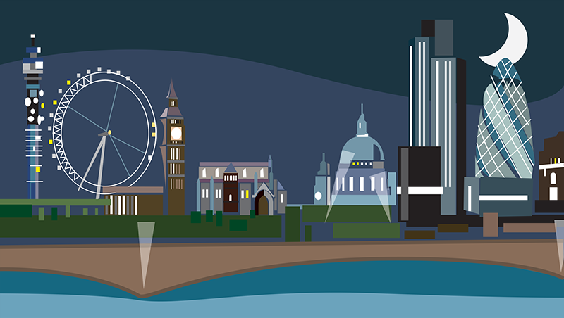 Niamh & Kevin's London Skyline Illustration Night view for the evening.