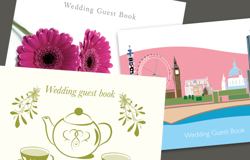 Guest Books Montage of wedding stationery.