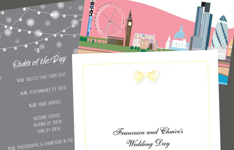 Montage of wedding stationery.