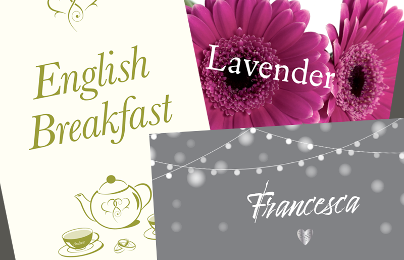 Table Names & Place Cards Montage of wedding stationery.