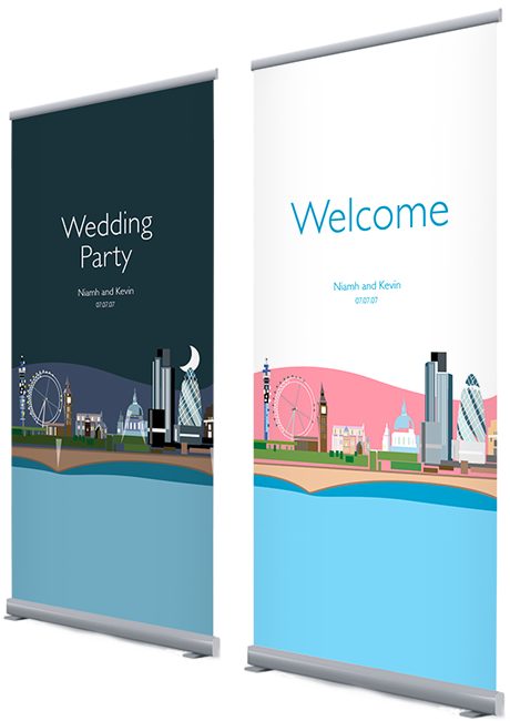 Pull-up Banners Welcome and Wedding Party signs.