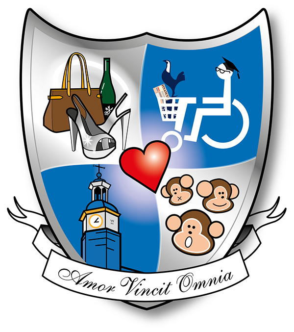 Rebecca & Stewart's coat of arms Shield with monkeys, clock tower, shopping paraphernalia, man in wheelchair.