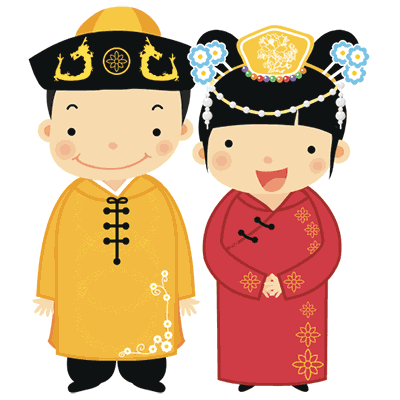 Cartoon of Sam & Joe in traditional Chinese attire.