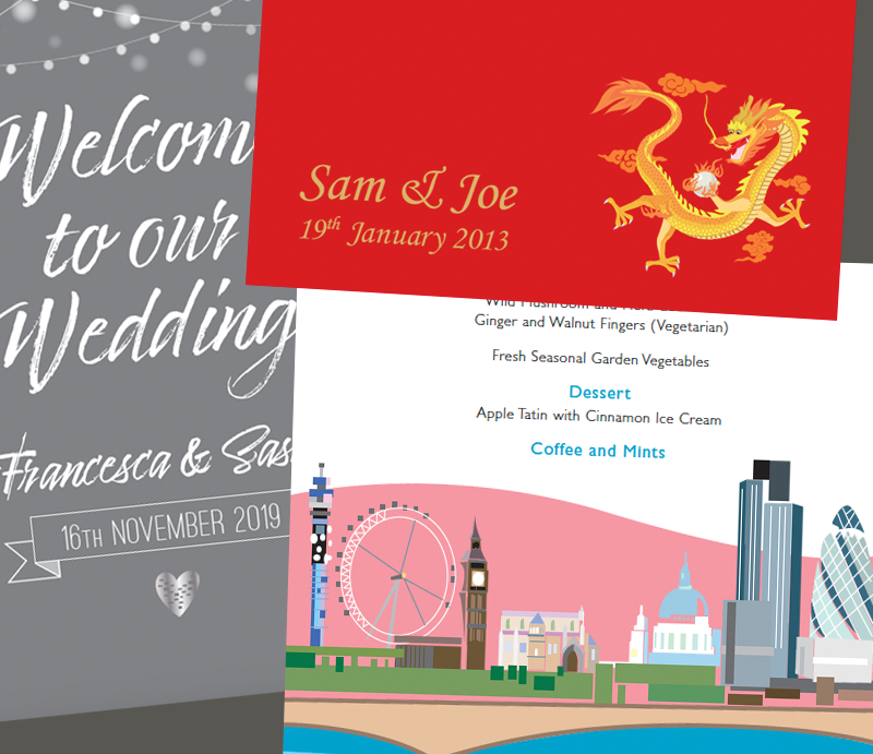 Wedding Stationery Montage of designs in cluding London skylne and Chinese dragon.